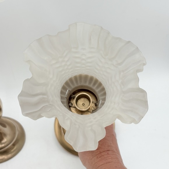 Vintage Brass Hurricane Candlesticks Pair Hobnail Milk Glass Shades 14\